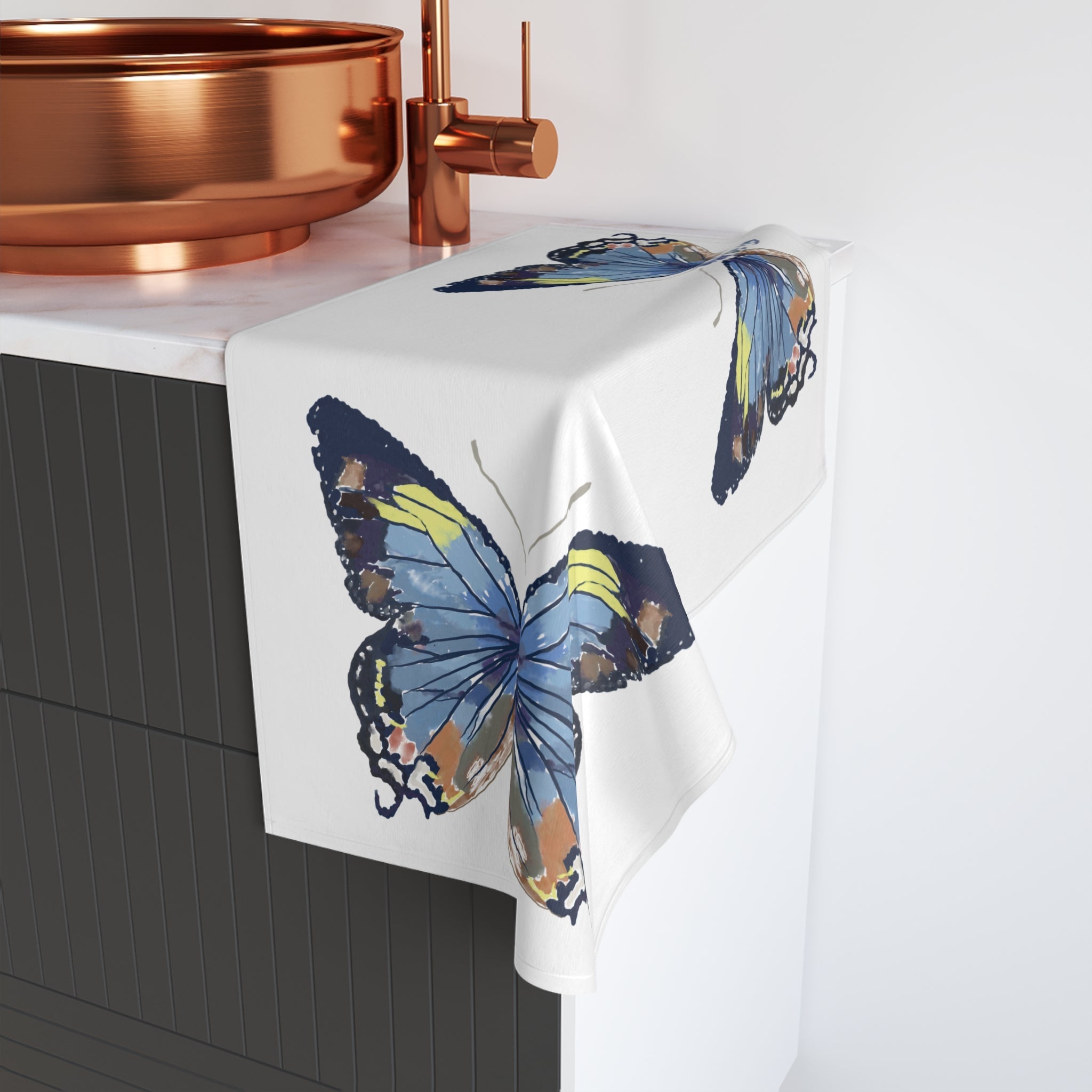Watercolor Butterfly Hand Towel — Soft Cotton Kitchen & Bath Towel - Blue Cava