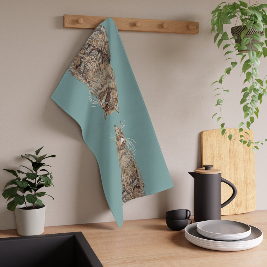 Whimsical Cat Kitchen Tea Towels - Blue Cava