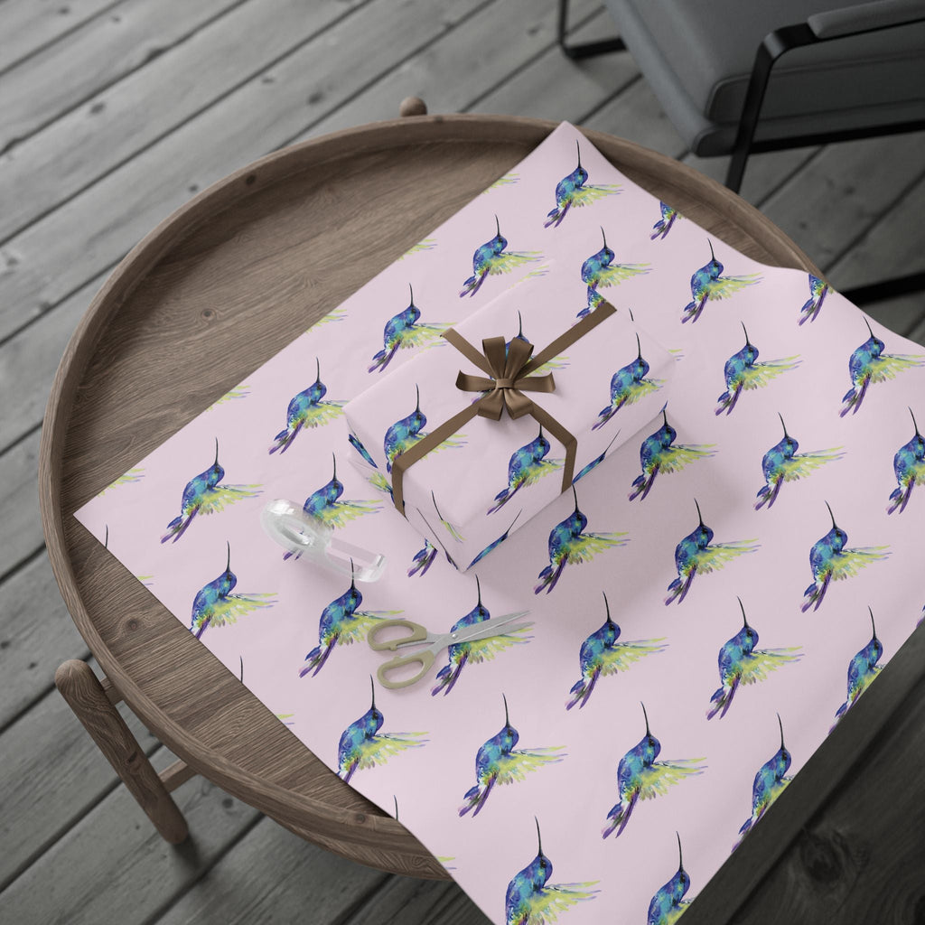 Whimsical Hummingbird Wrapping Paper | Eco-Friendly in matte or glossy available in 30 x 36, 30 x 72 or 30 x 180 - Blue Cava