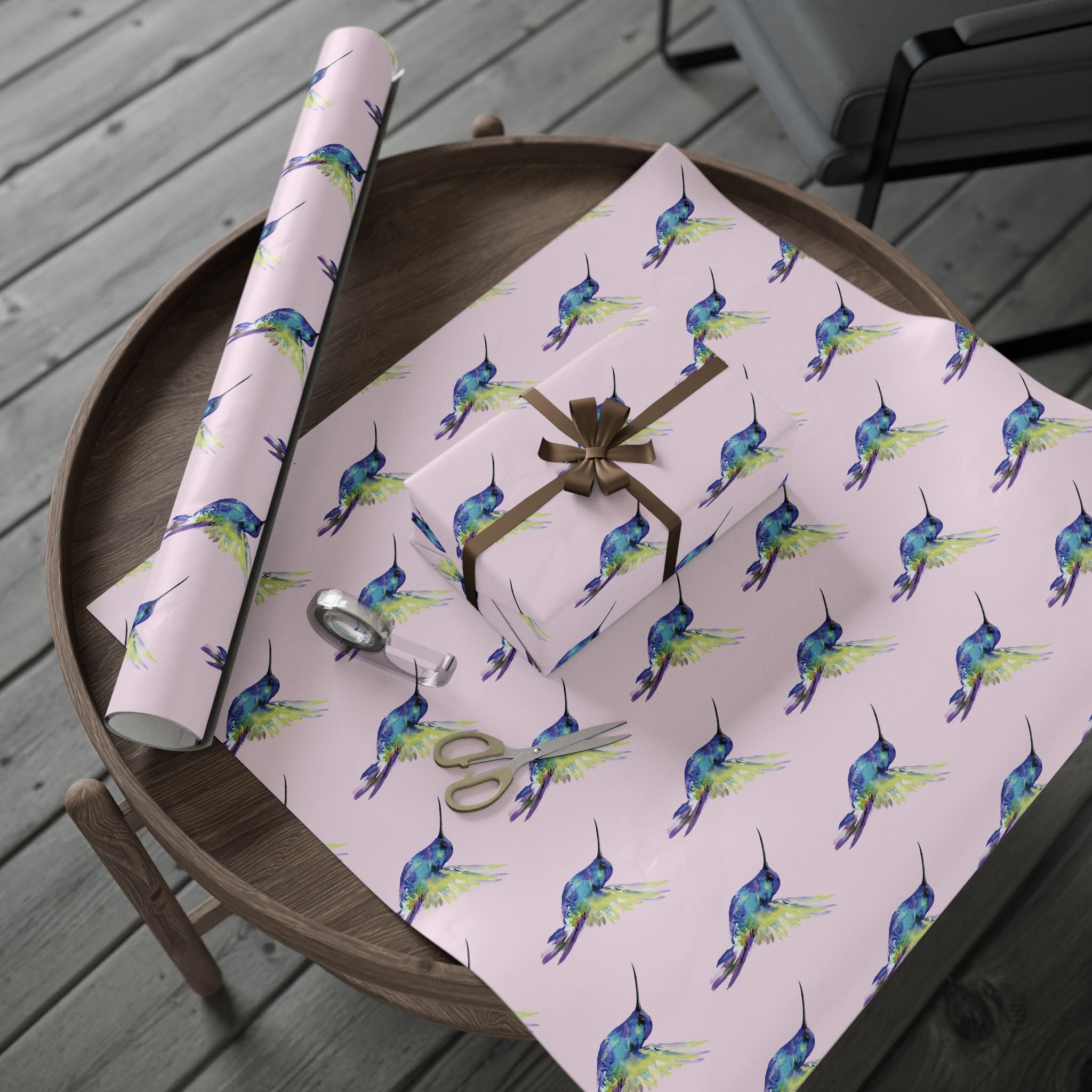 Whimsical Hummingbird Wrapping Paper | Eco-Friendly in matte or glossy available in 30 x 36, 30 x 72 or 30 x 180 - Blue Cava