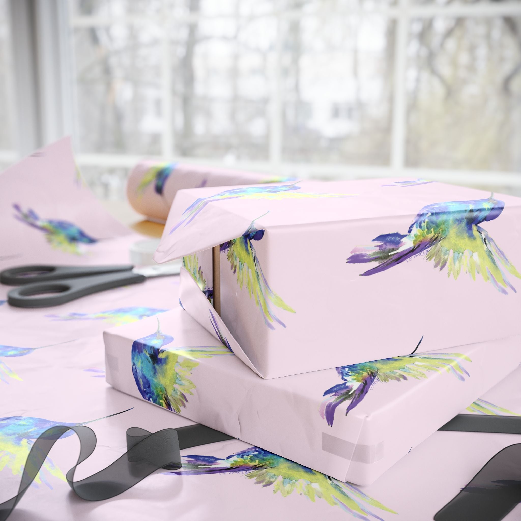 Whimsical Hummingbird Wrapping Paper | Eco-Friendly in matte or glossy available in 30 x 36, 30 x 72 or 30 x 180 - Blue Cava