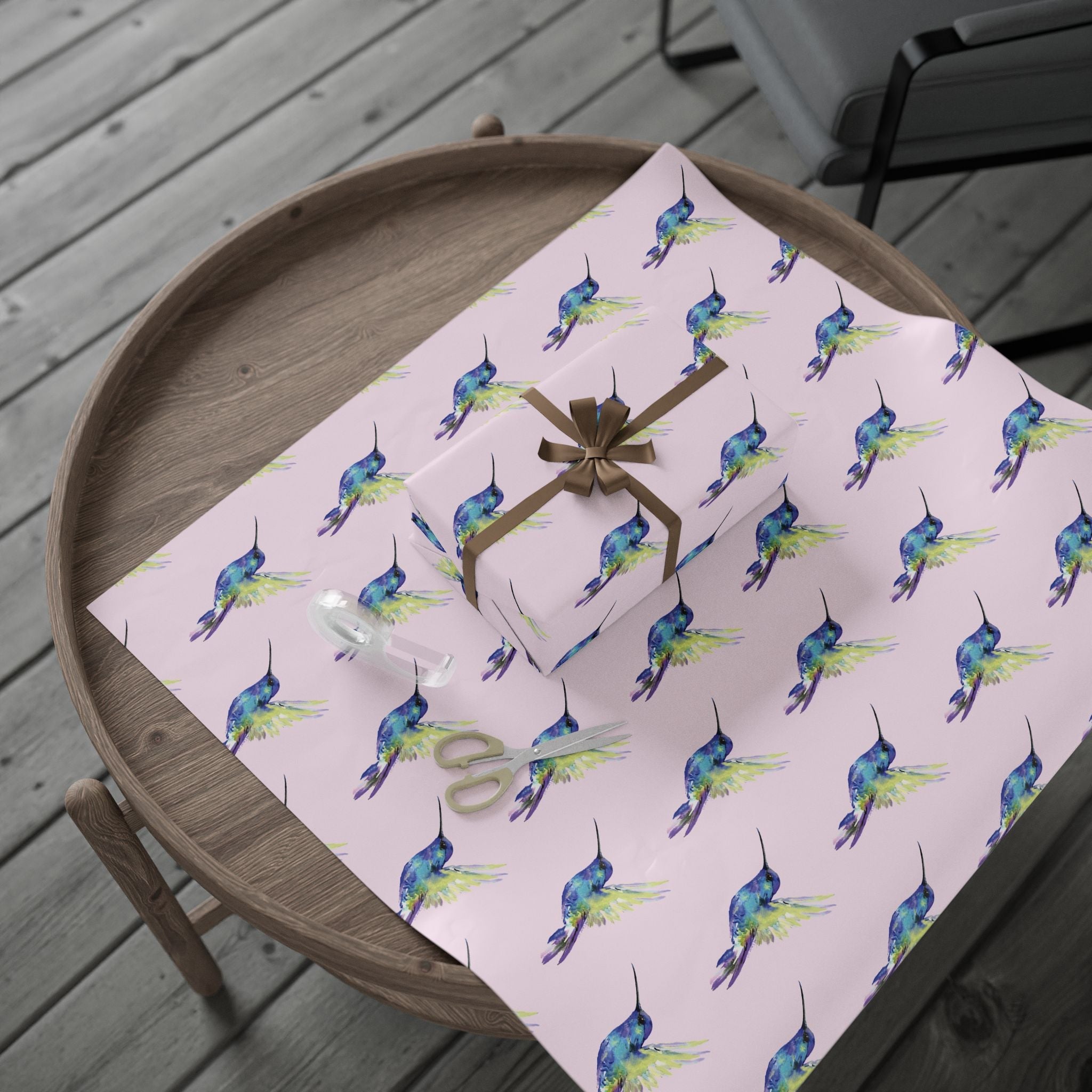 Whimsical Hummingbird Wrapping Paper | Eco-Friendly in matte or glossy available in 30 x 36, 30 x 72 or 30 x 180 - Blue Cava
