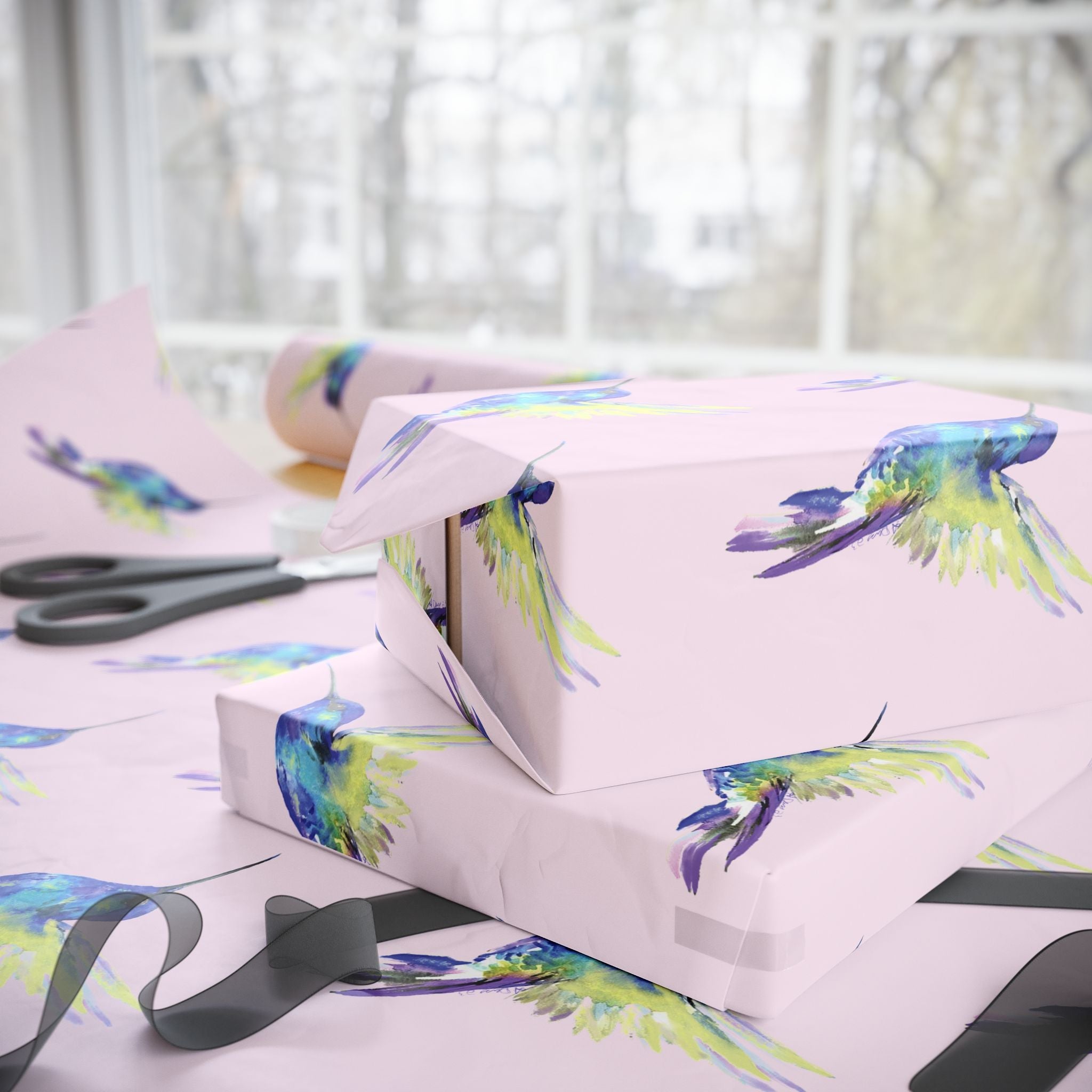 Whimsical Hummingbird Wrapping Paper | Eco-Friendly in matte or glossy available in 30 x 36, 30 x 72 or 30 x 180 - Blue Cava