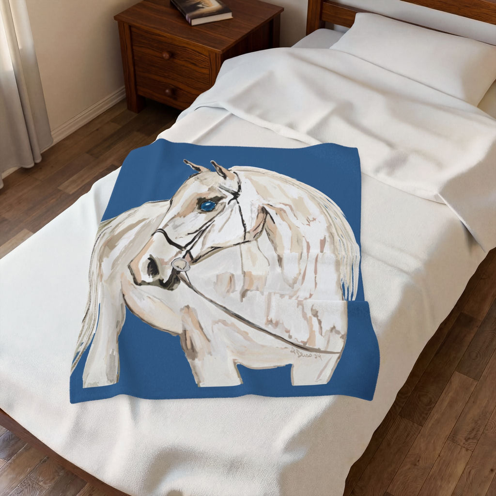 White Horse On A Blue Velveteen Plush Blankets - Equine. Available in 30 x 40, 50 x 60 or 60 x 80 - Blue Cava