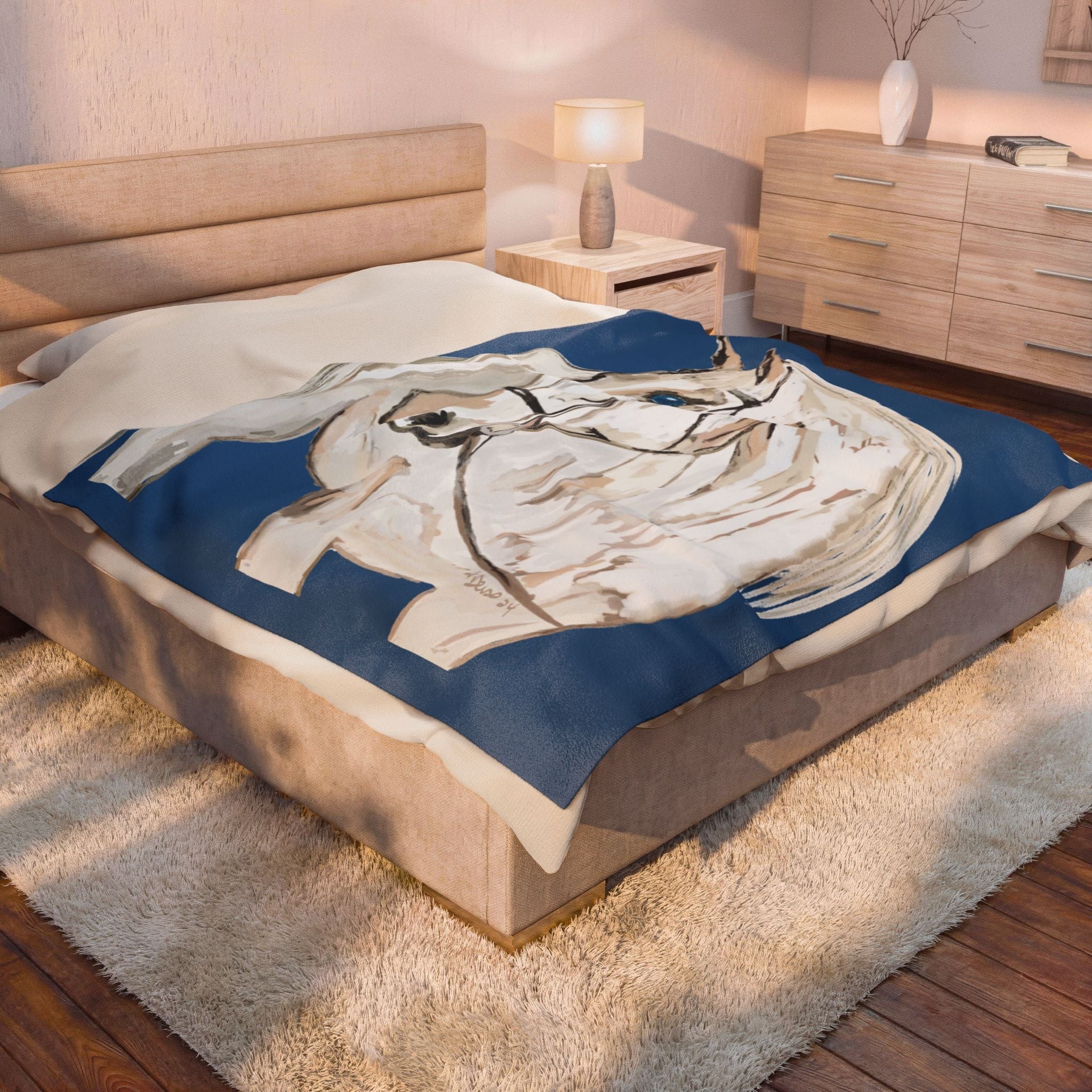 White Horse On A Blue Velveteen Plush Blankets - Equine. Available in 30 x 40, 50 x 60 or 60 x 80 - Blue Cava