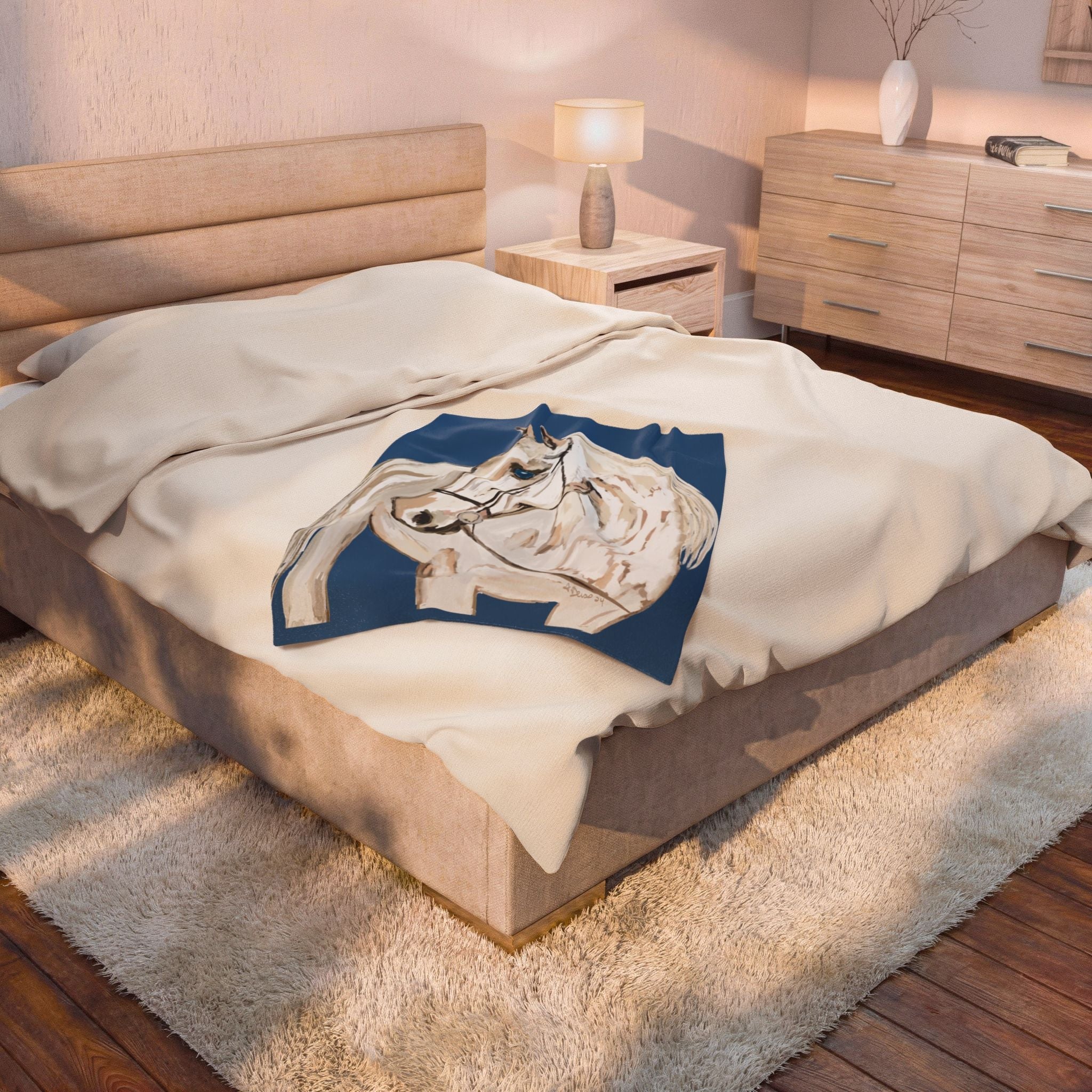 White Horse On A Blue Velveteen Plush Blankets - Equine. Available in 30 x 40, 50 x 60 or 60 x 80 - Blue Cava