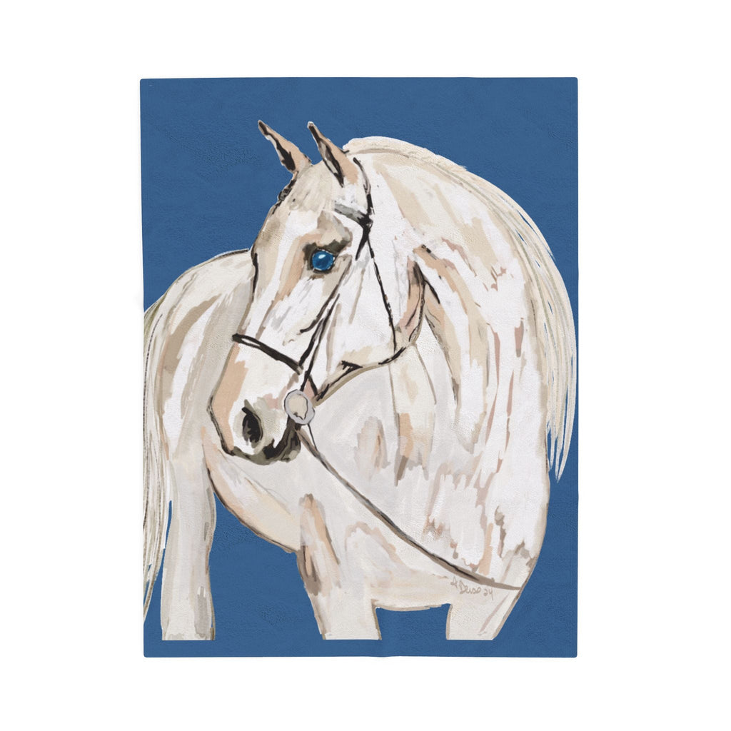 White Horse On A Blue Velveteen Plush Blankets - Equine. Available in 30 x 40, 50 x 60 or 60 x 80 - Blue Cava