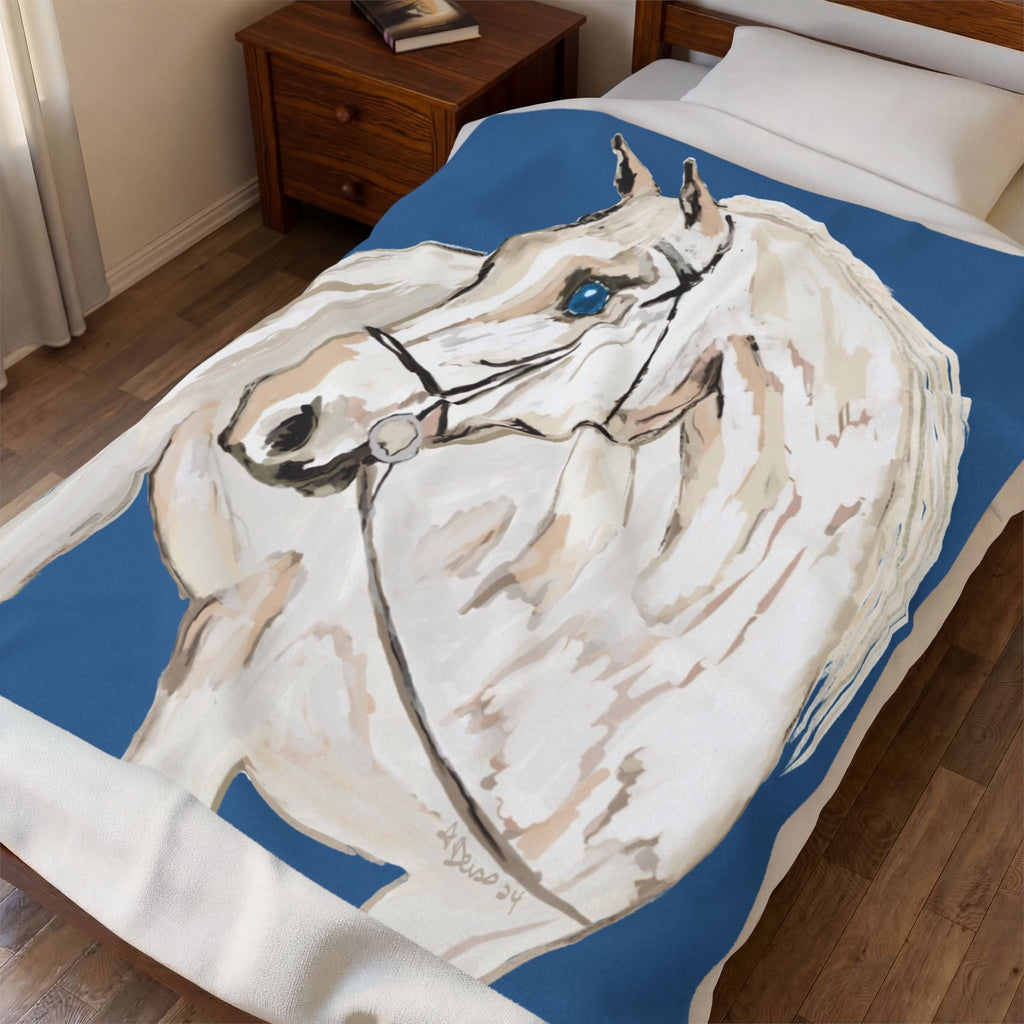 White Horse On A Blue Velveteen Plush Blankets - Equine. Available in 30 x 40, 50 x 60 or 60 x 80 - Blue Cava