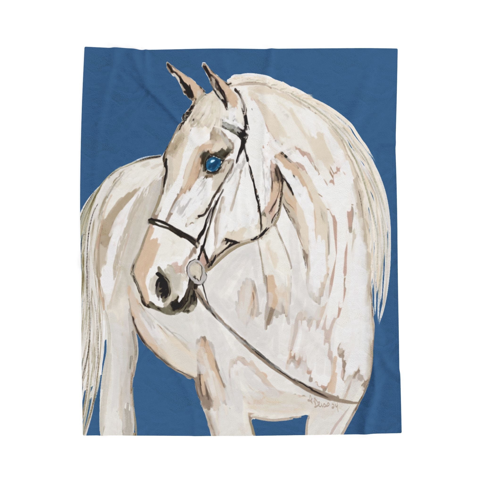 White Horse On A Blue Velveteen Plush Blankets - Equine. Available in 30 x 40, 50 x 60 or 60 x 80 - Blue Cava