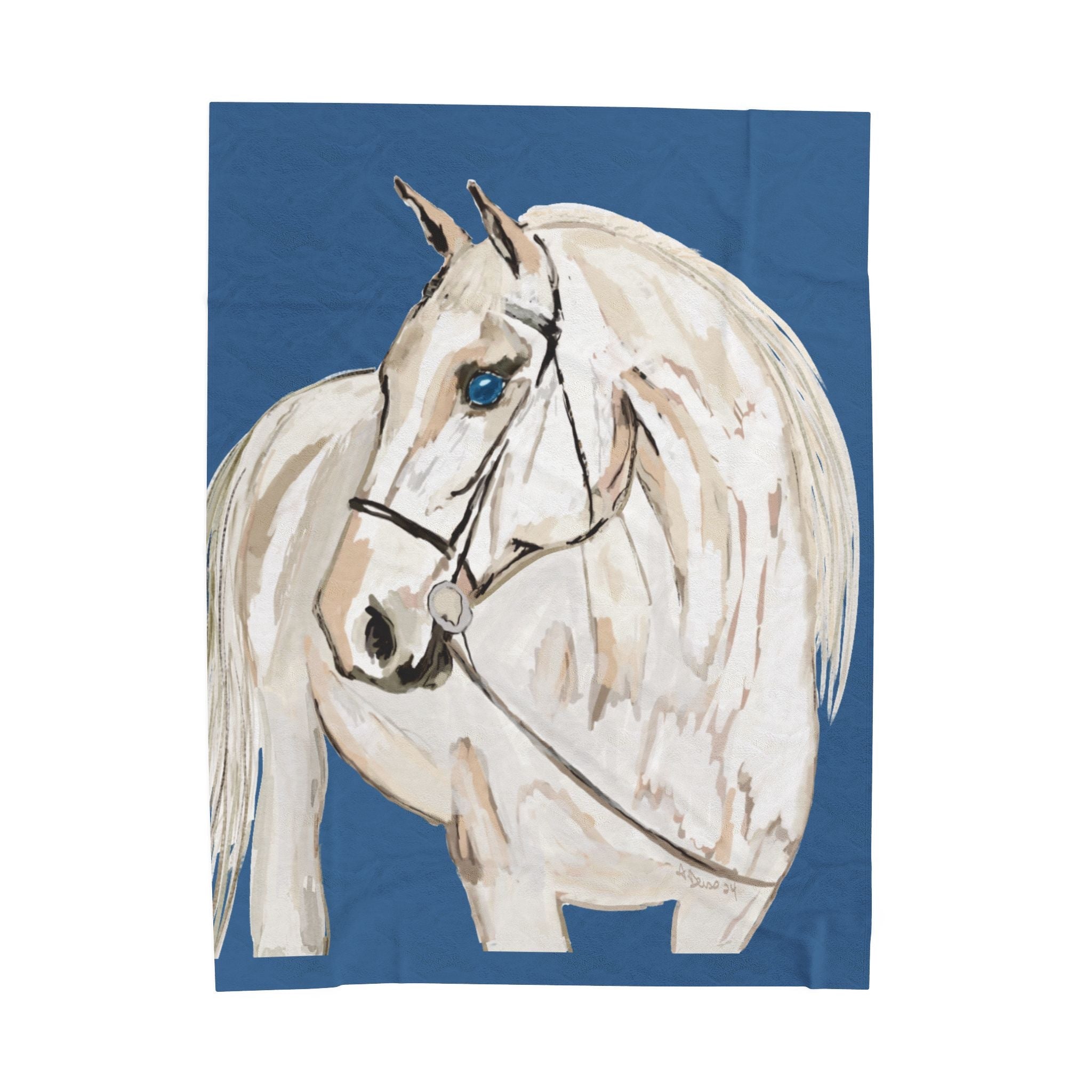White Horse On A Blue Velveteen Plush Blankets - Equine. Available in 30 x 40, 50 x 60 or 60 x 80 - Blue Cava