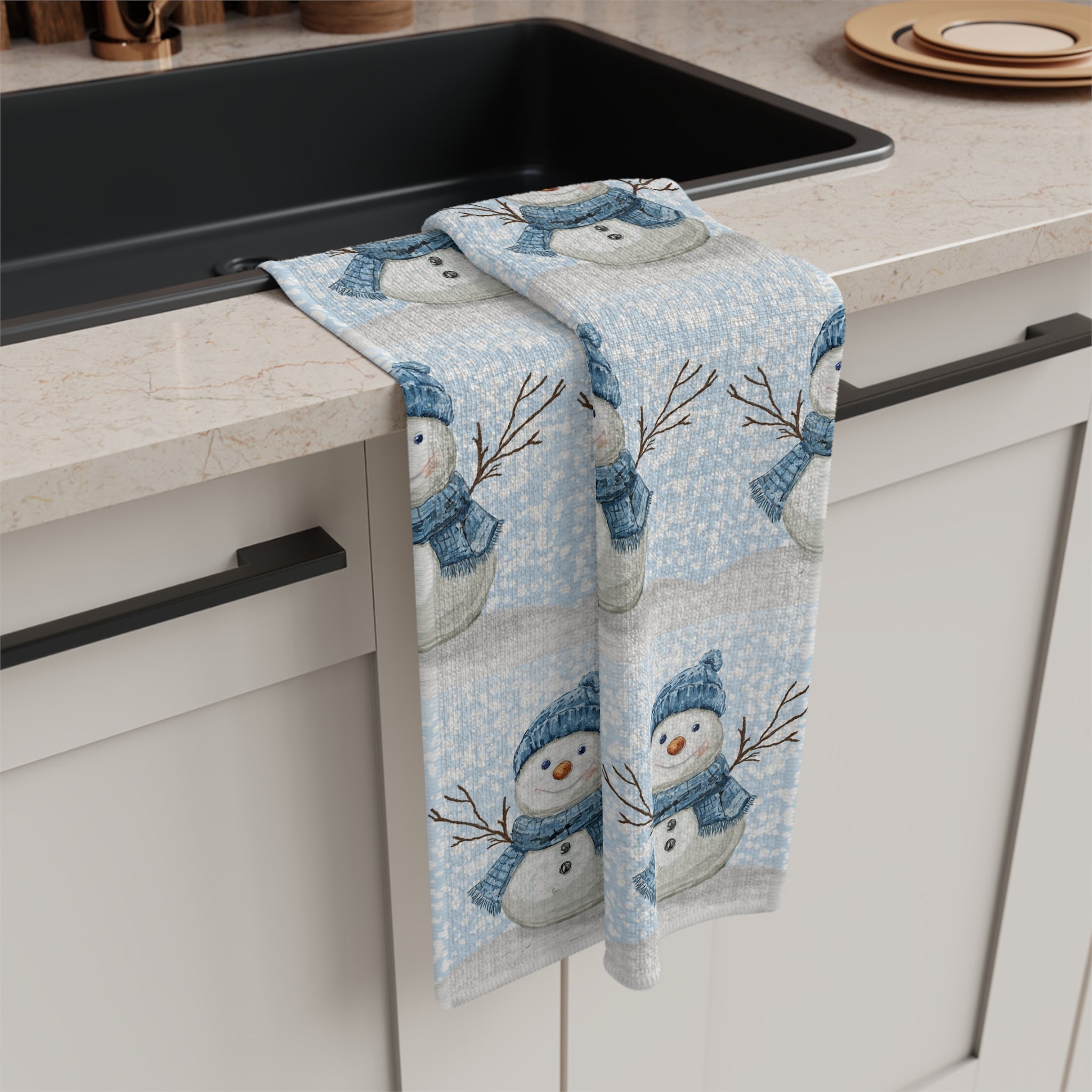 Winter Snowman Microfiber Waffle Kitchen Towel - Blue Cava