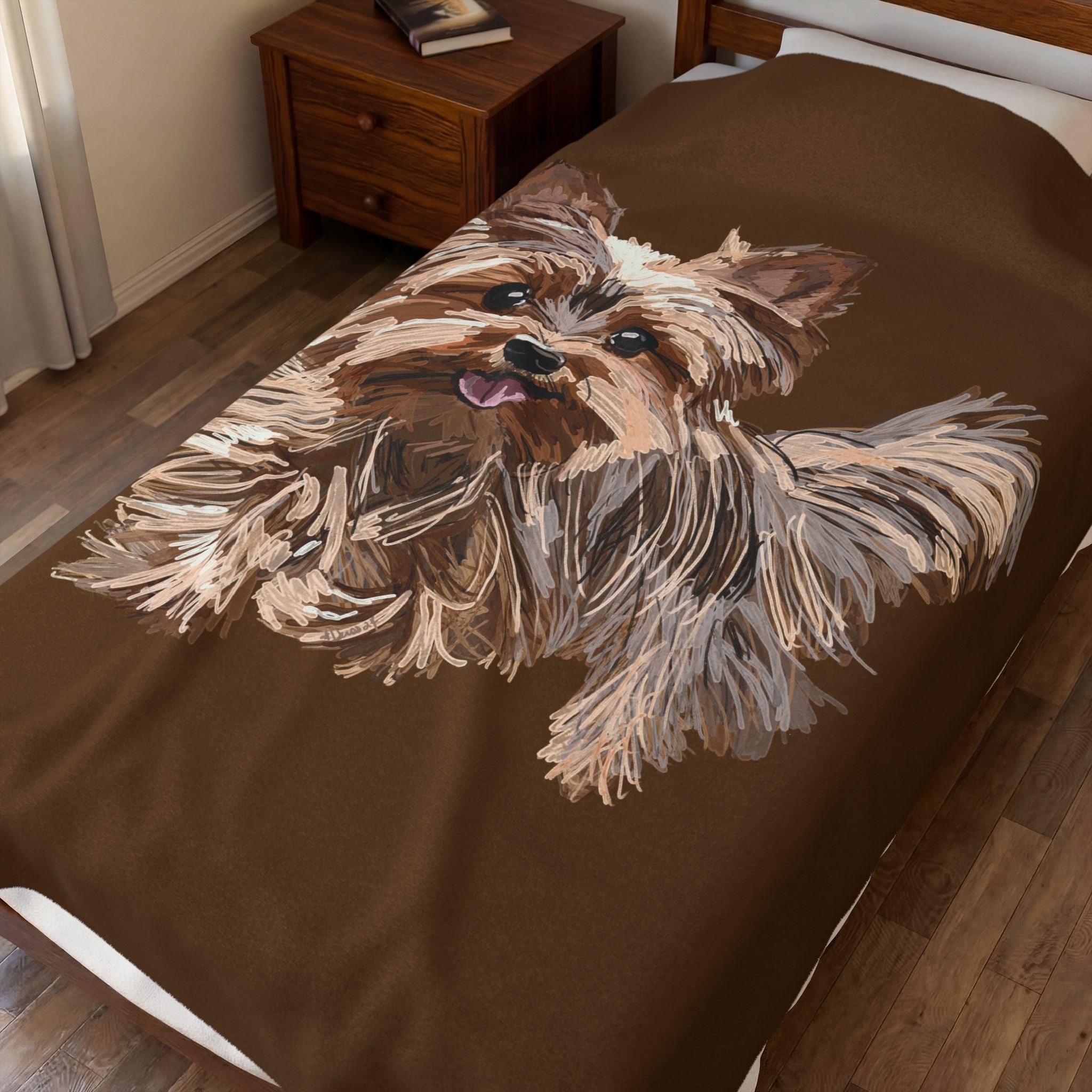 Yorkshire Terrier Velveteen Plush Blanket — Cozy Brown Puppy Throw for Dog Lovers, Soft Pet Portrait Fleece - Blue Cava