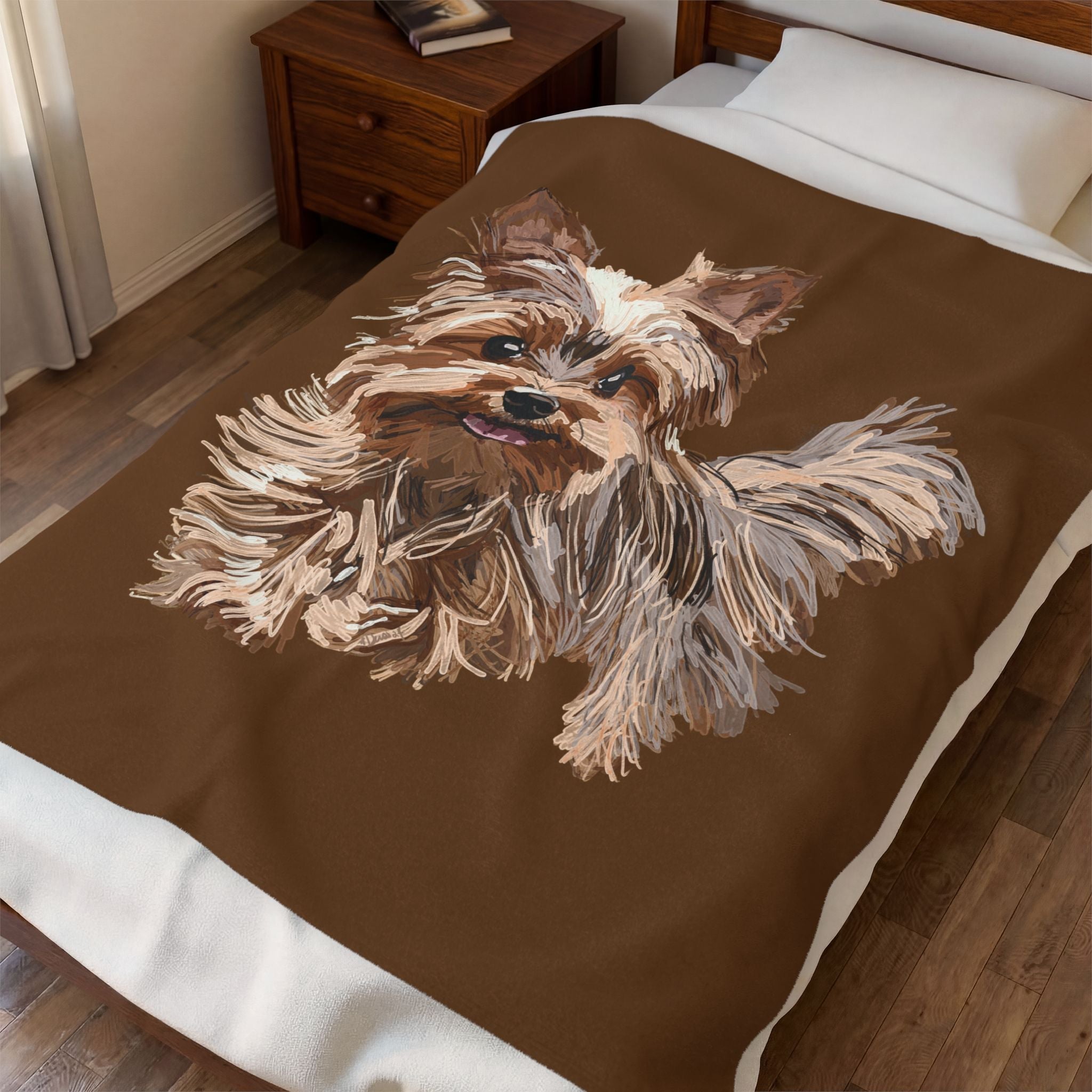 Yorkshire Terrier Velveteen Plush Blanket — Cozy Brown Puppy Throw for Dog Lovers, Soft Pet Portrait Fleece - Blue Cava