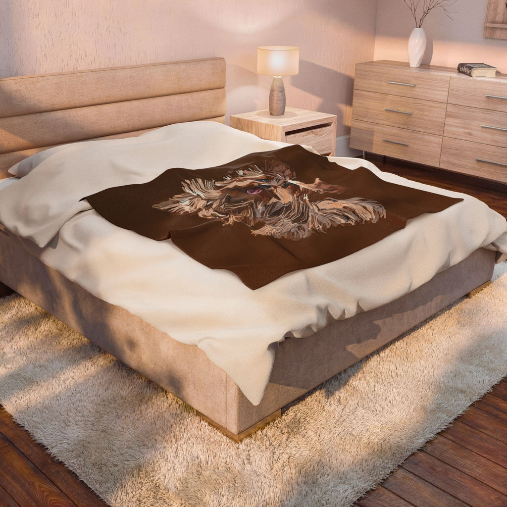 Yorkshire Terrier Velveteen Plush Blanket — Cozy Brown Puppy Throw for Dog Lovers, Soft Pet Portrait Fleece - Blue Cava
