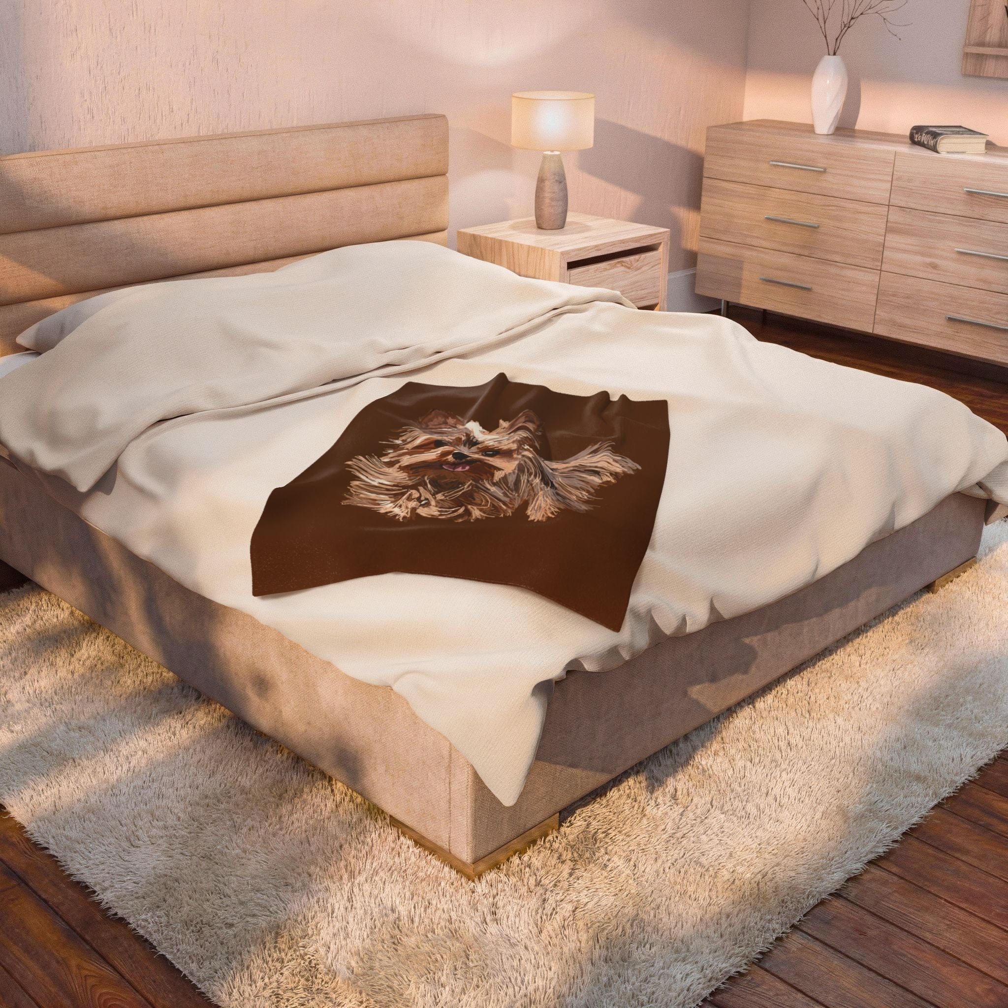 Yorkshire Terrier Velveteen Plush Blanket — Cozy Brown Puppy Throw for Dog Lovers, Soft Pet Portrait Fleece - Blue Cava