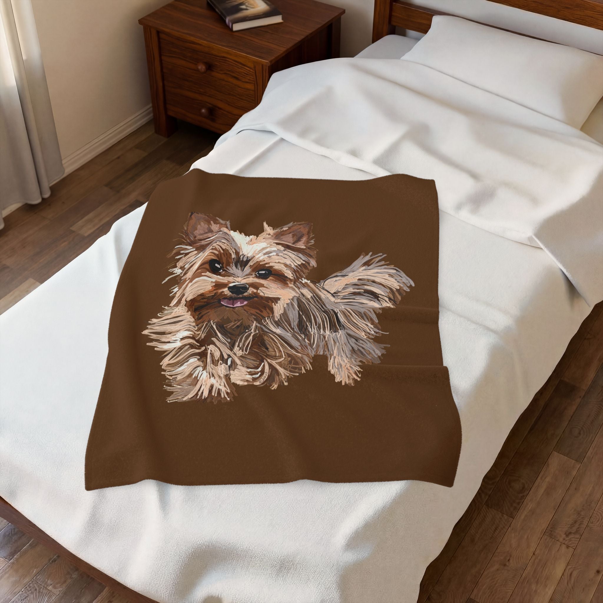 Yorkshire Terrier Velveteen Plush Blanket — Cozy Brown Puppy Throw for Dog Lovers, Soft Pet Portrait Fleece - Blue Cava